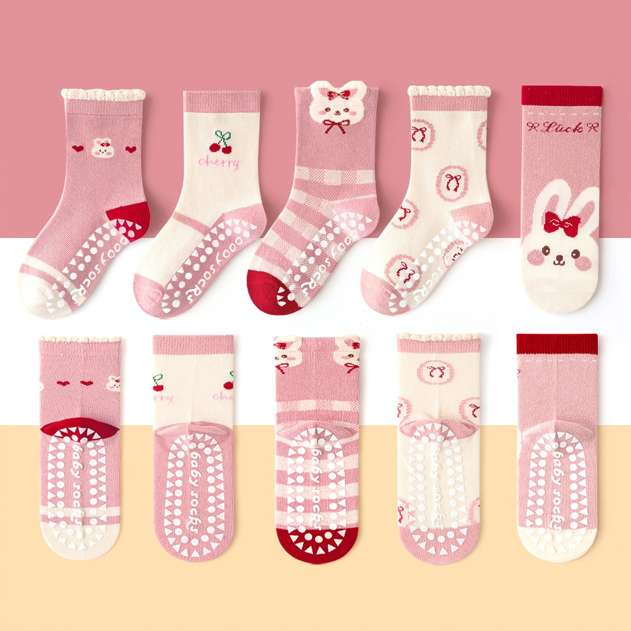 5-Pack Kids’ Bunny & Cherry Non-Slip Floor Socks
