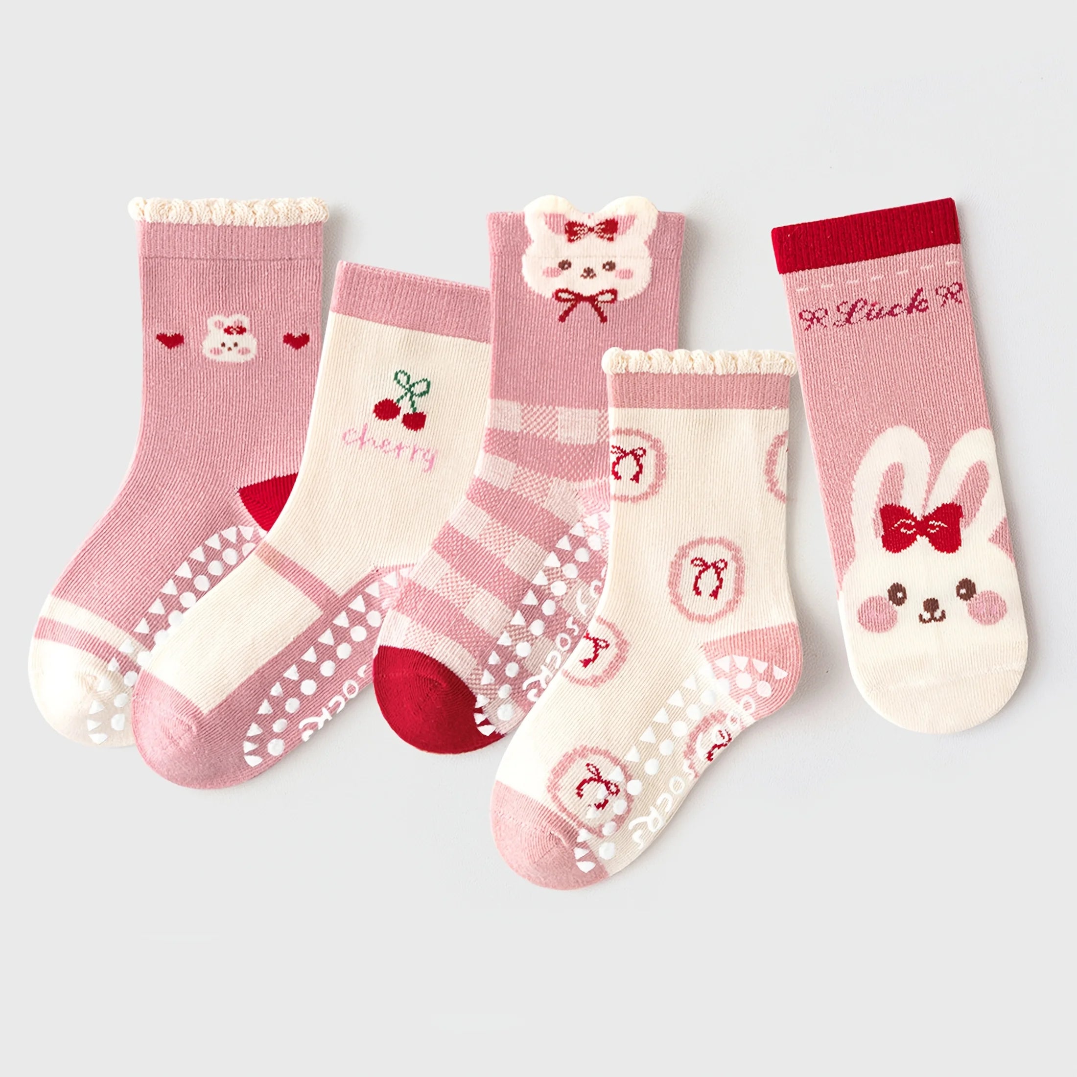 5-Pack Kids’ Bunny & Cherry Non-Slip Floor Socks