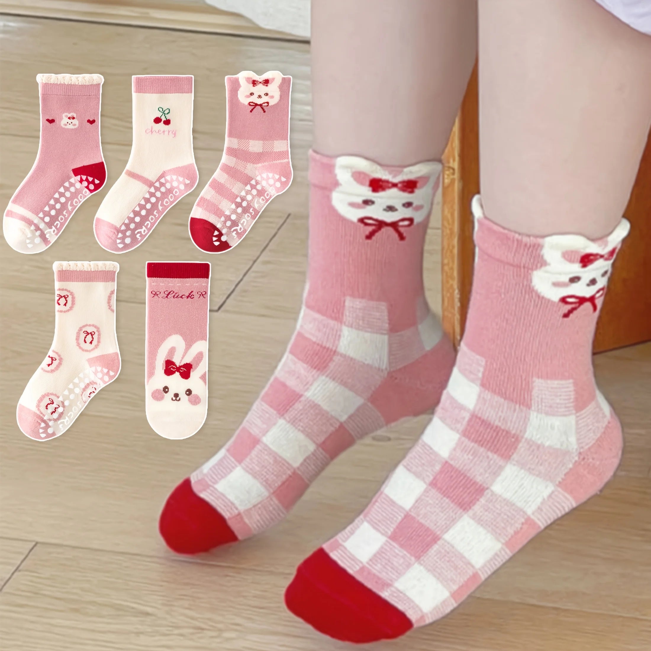 5-Pack Kids’ Bunny & Cherry Non-Slip Floor Socks