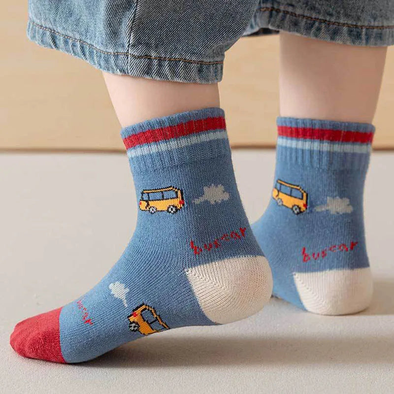 Kids Cartoon Car & Bus Socks – 5 Pack