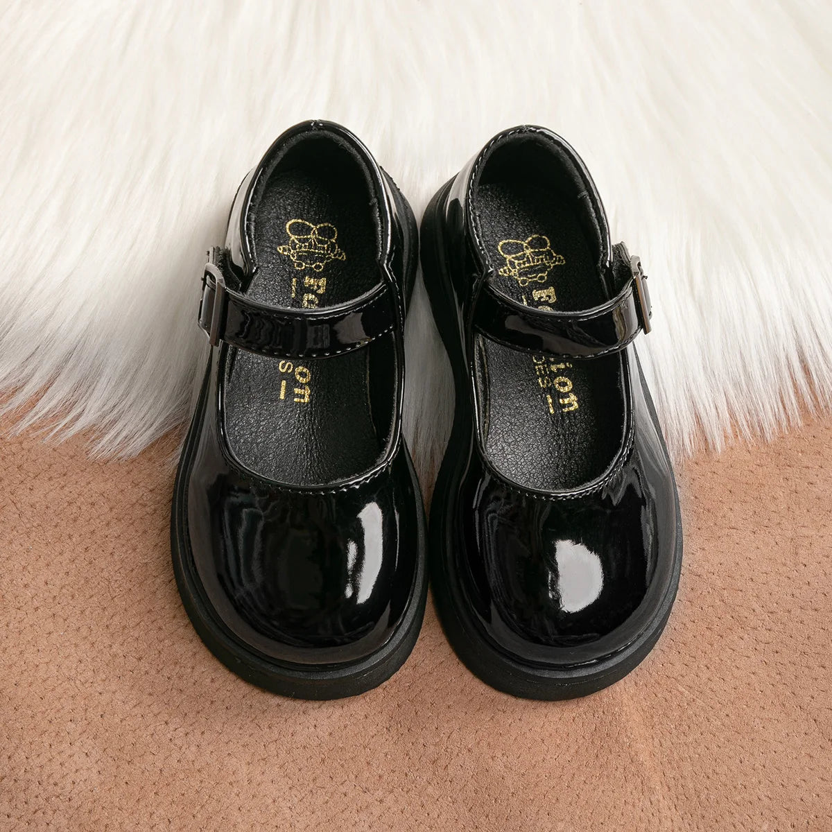 Girls' Black School Shoes – Shiny Leather Flats with Buckle Strap
