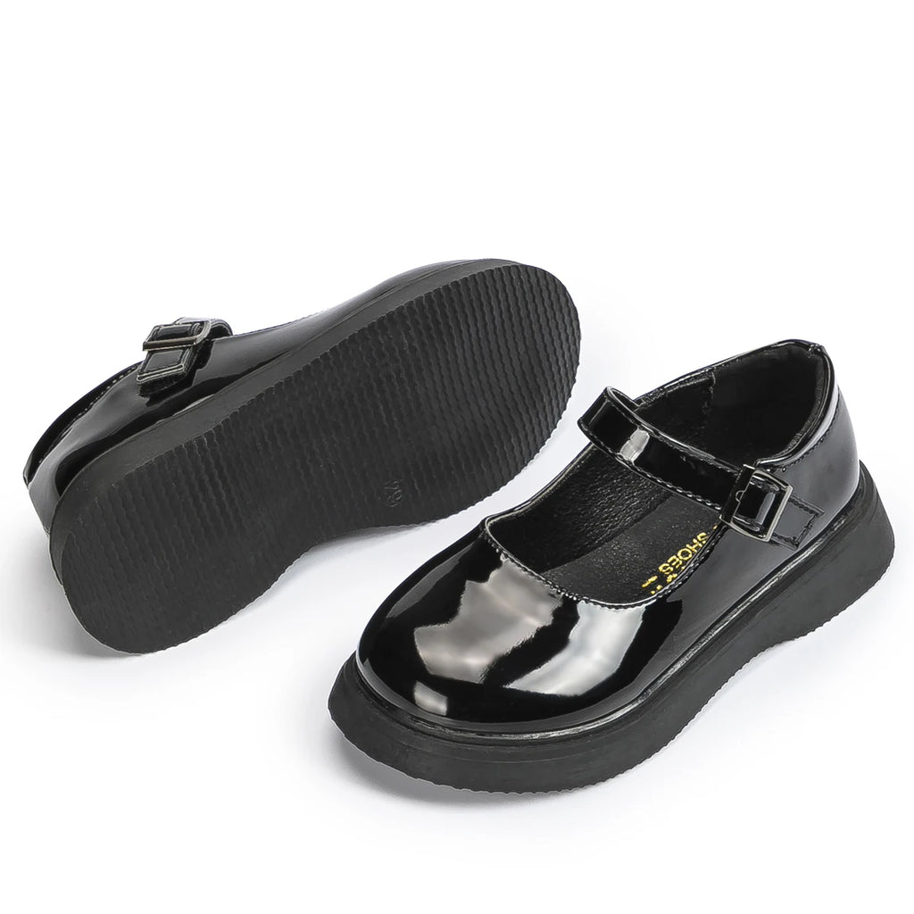 Girls' Black School Shoes – Shiny Leather Flats with Buckle Strap