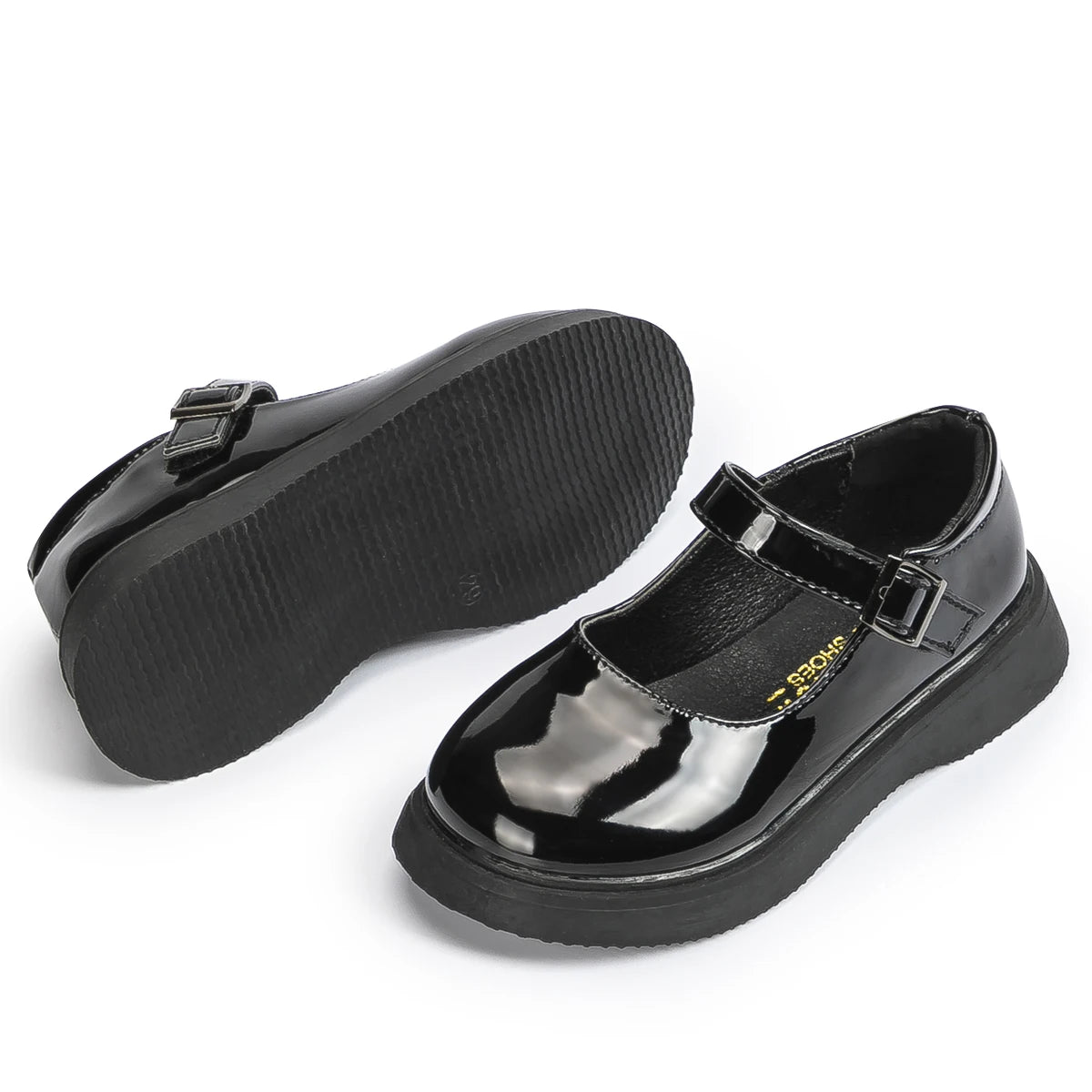 Girls' Black School Shoes – Shiny Leather Flats with Buckle Strap