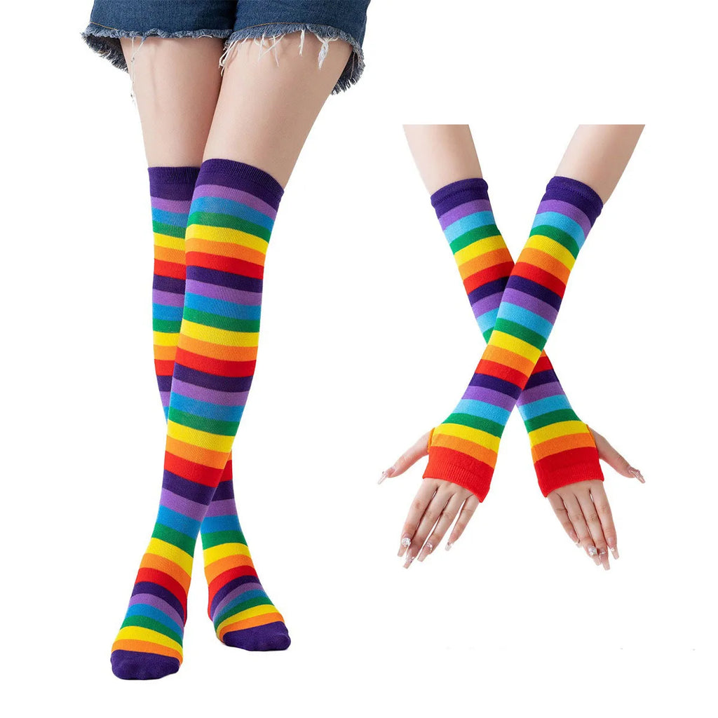Rainbow Over-the-Knee Socks & Fingerless Gloves Set