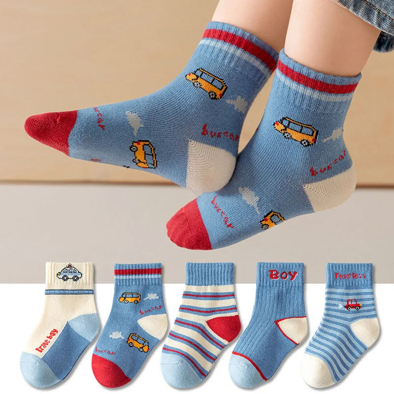 Kids Cartoon Car & Bus Socks – 5 Pack