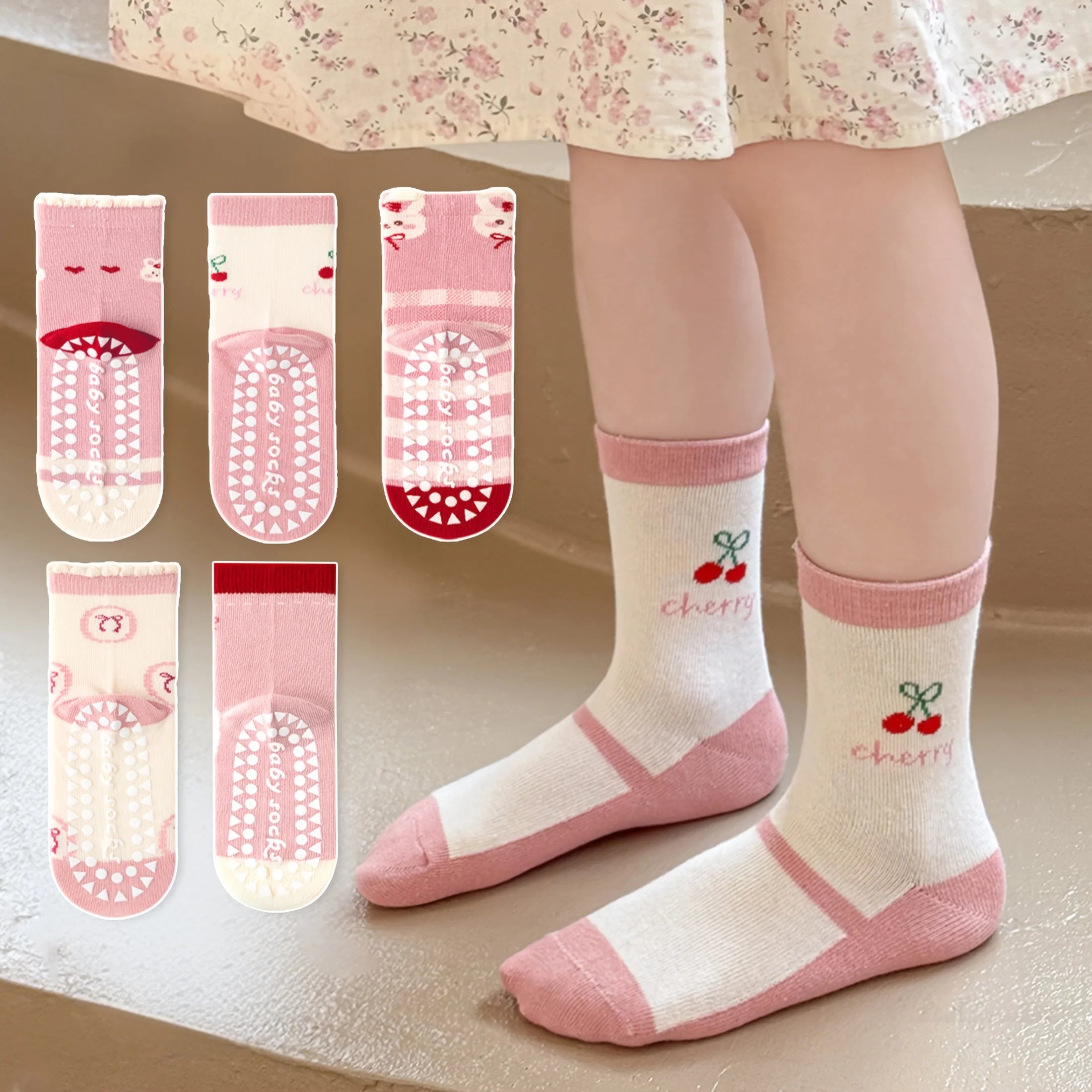 5-Pack Kids’ Bunny & Cherry Non-Slip Floor Socks