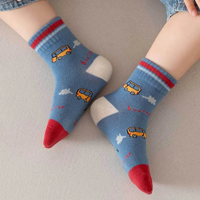 Kids Cartoon Car & Bus Socks – 5 Pack