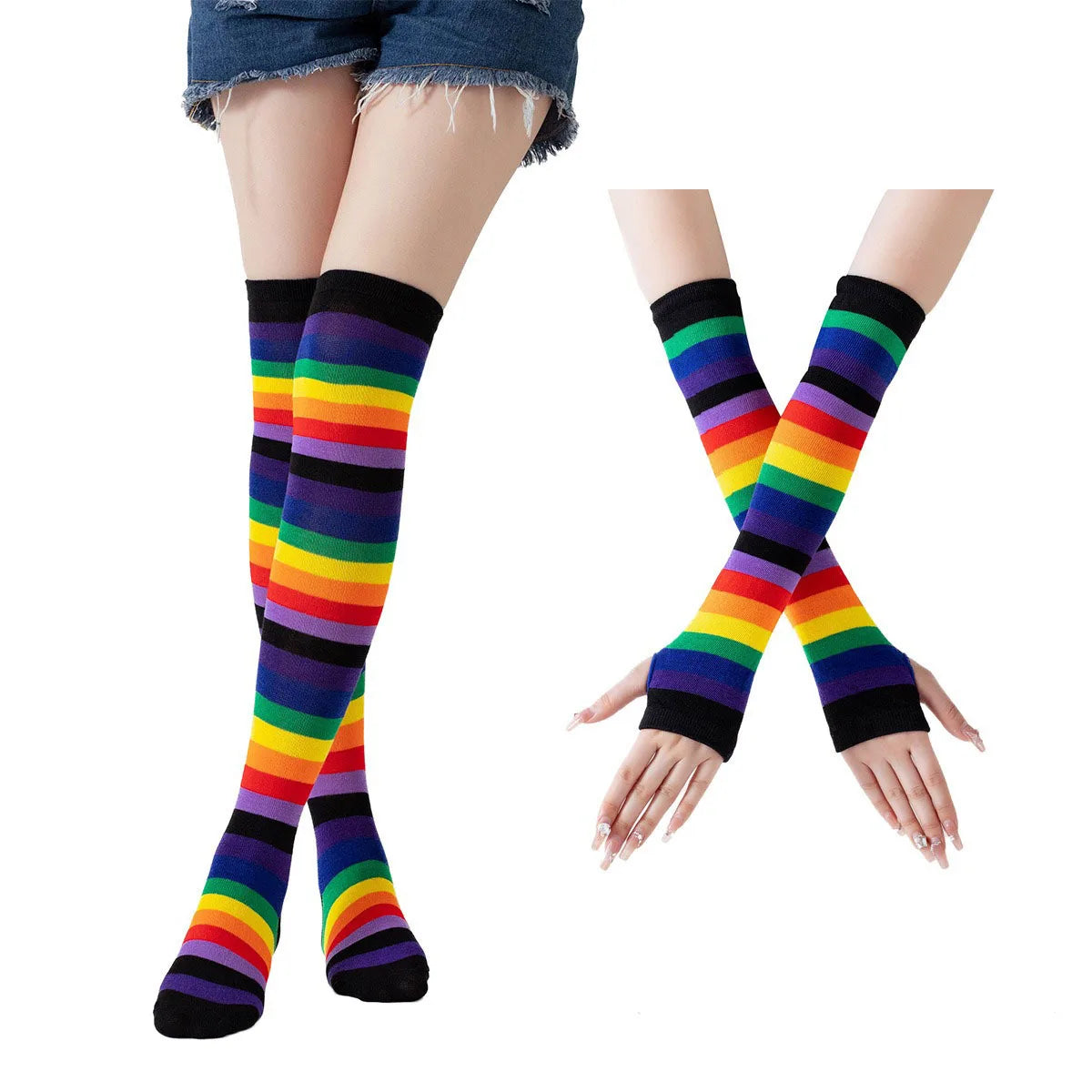 Rainbow Over-the-Knee Socks & Fingerless Gloves Set