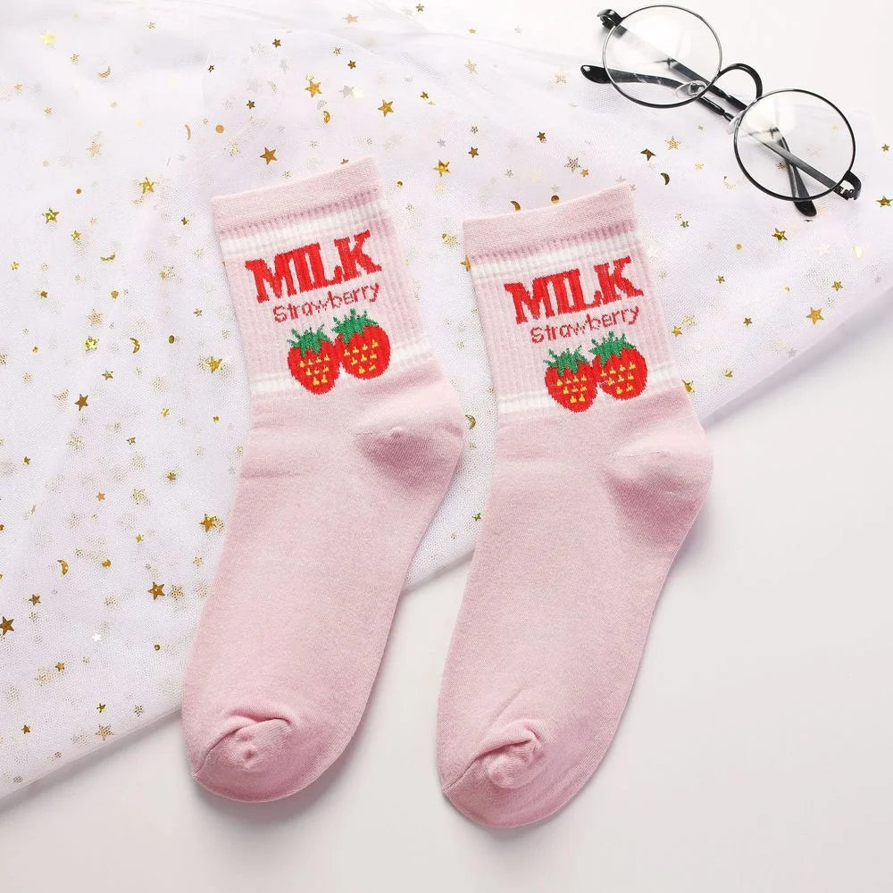 Strawberry Milk Cow Ankle Socks