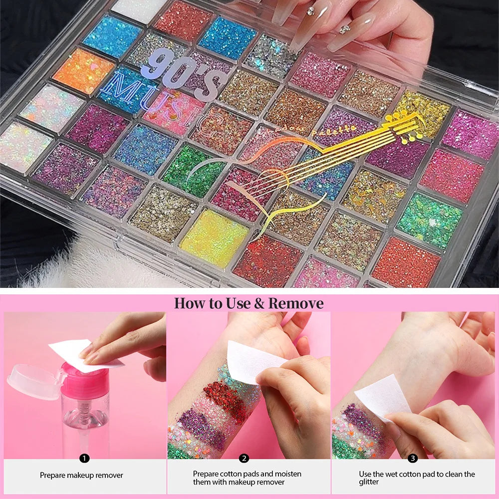40-Color Glitter Makeup Palette | Face, Eyes, Hair & Body Glitter Gel