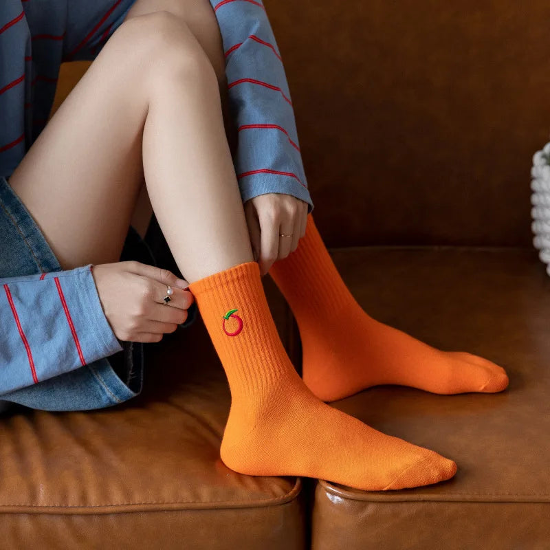 Orange Embroidered Letter Cotton Crew Socks