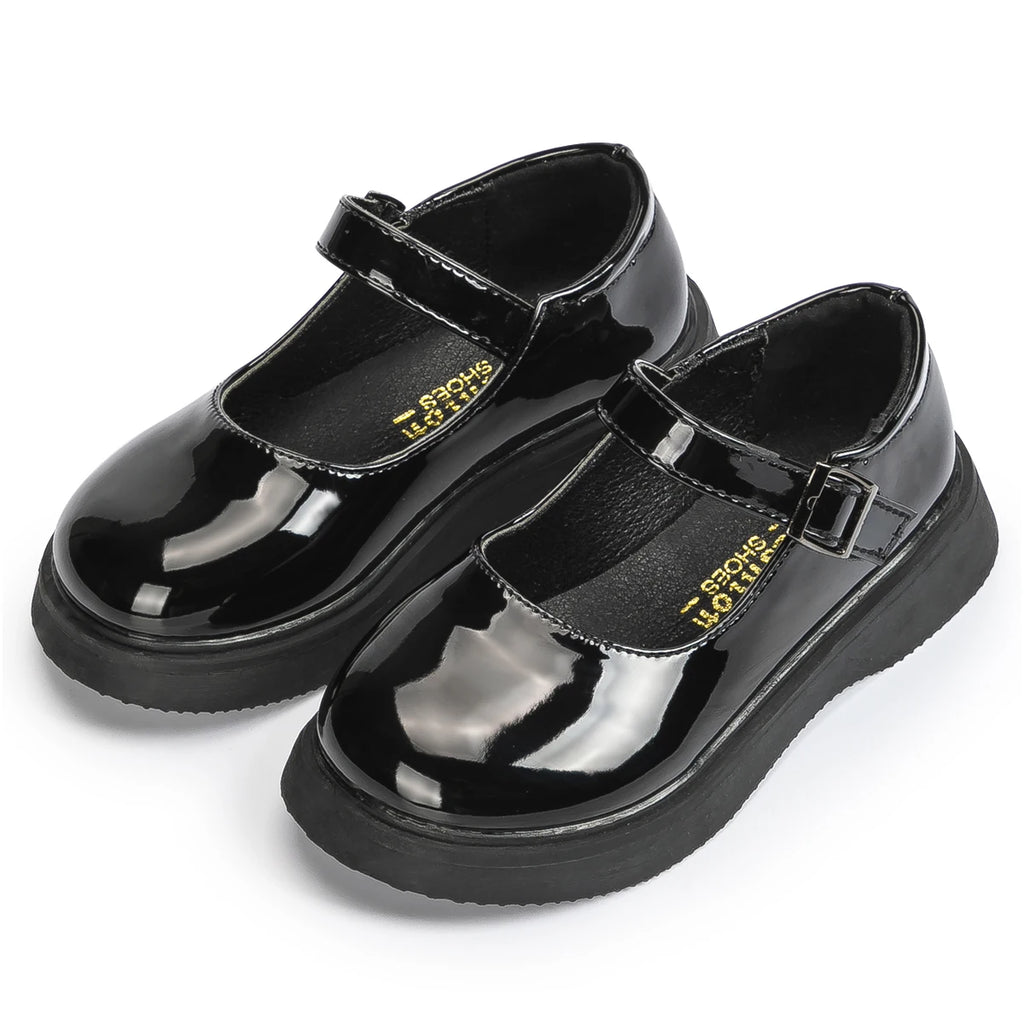 Girls' Black School Shoes – Shiny Leather Flats with Buckle Strap