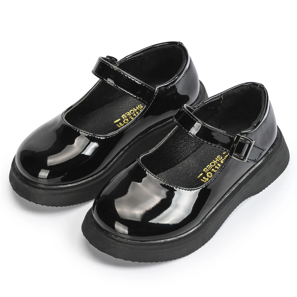 Girls' Black School Shoes – Shiny Leather Flats with Buckle Strap