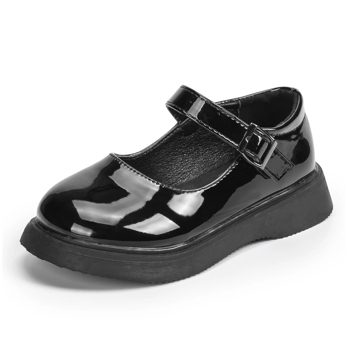 Girls' Black School Shoes – Shiny Leather Flats with Buckle Strap