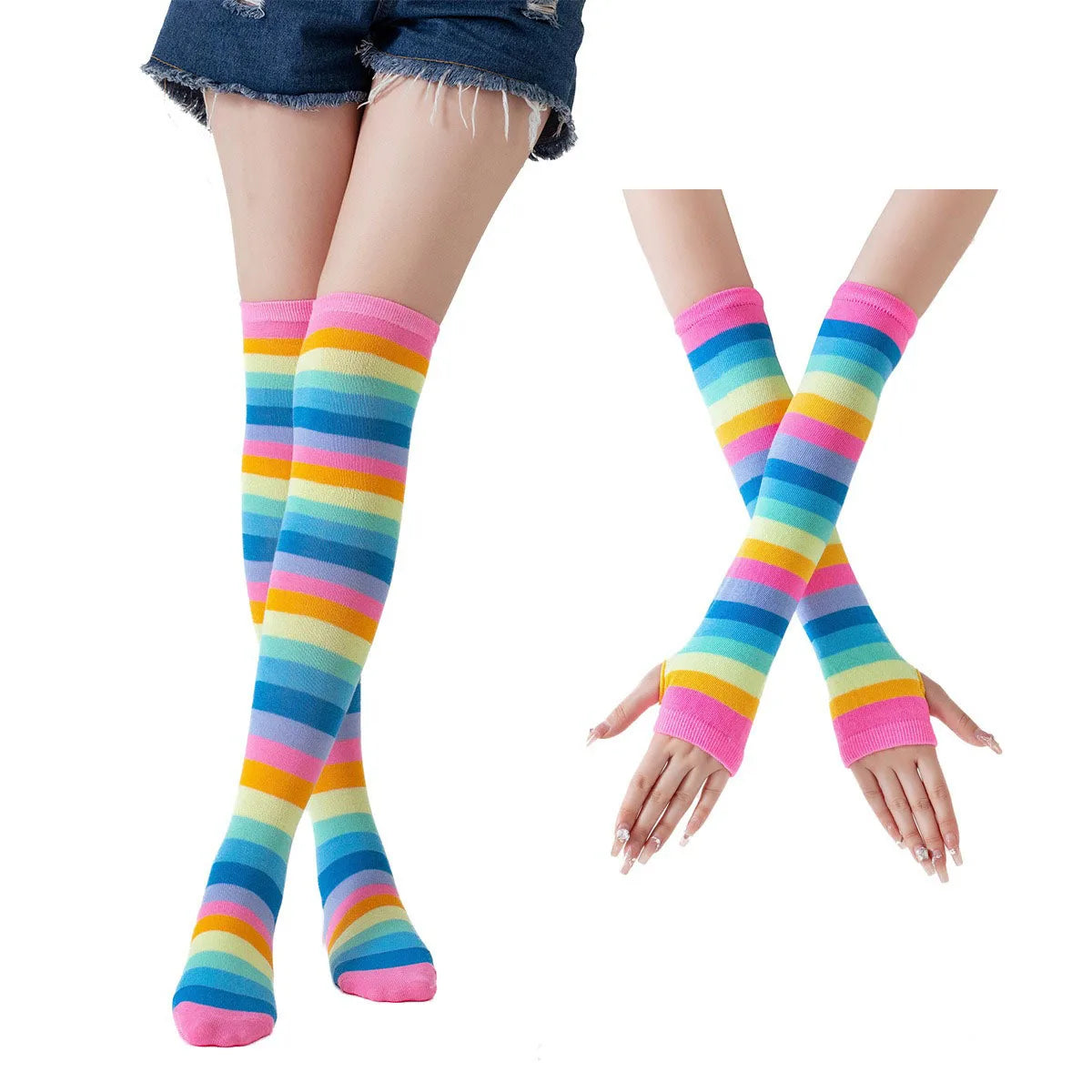 Rainbow Over-the-Knee Socks & Fingerless Gloves Set