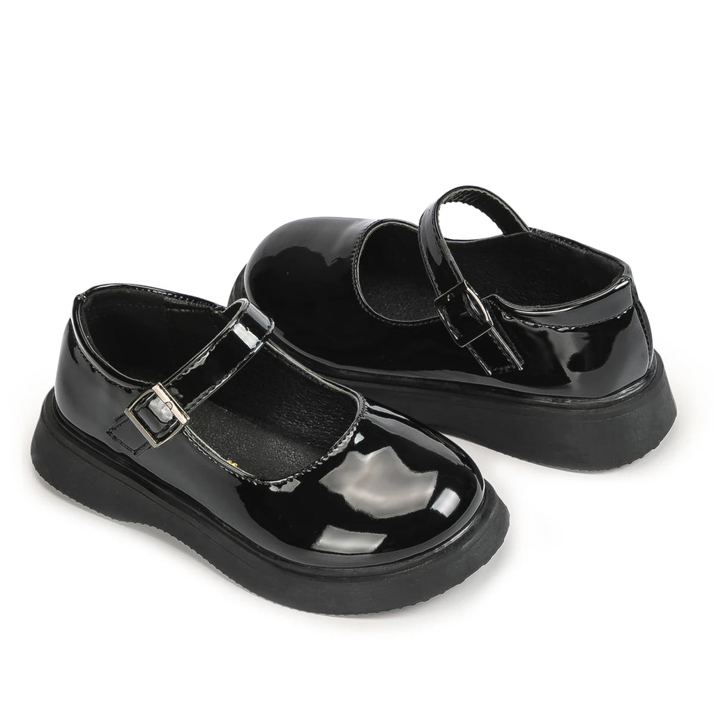 Girls' Black School Shoes – Shiny Leather Flats with Buckle Strap