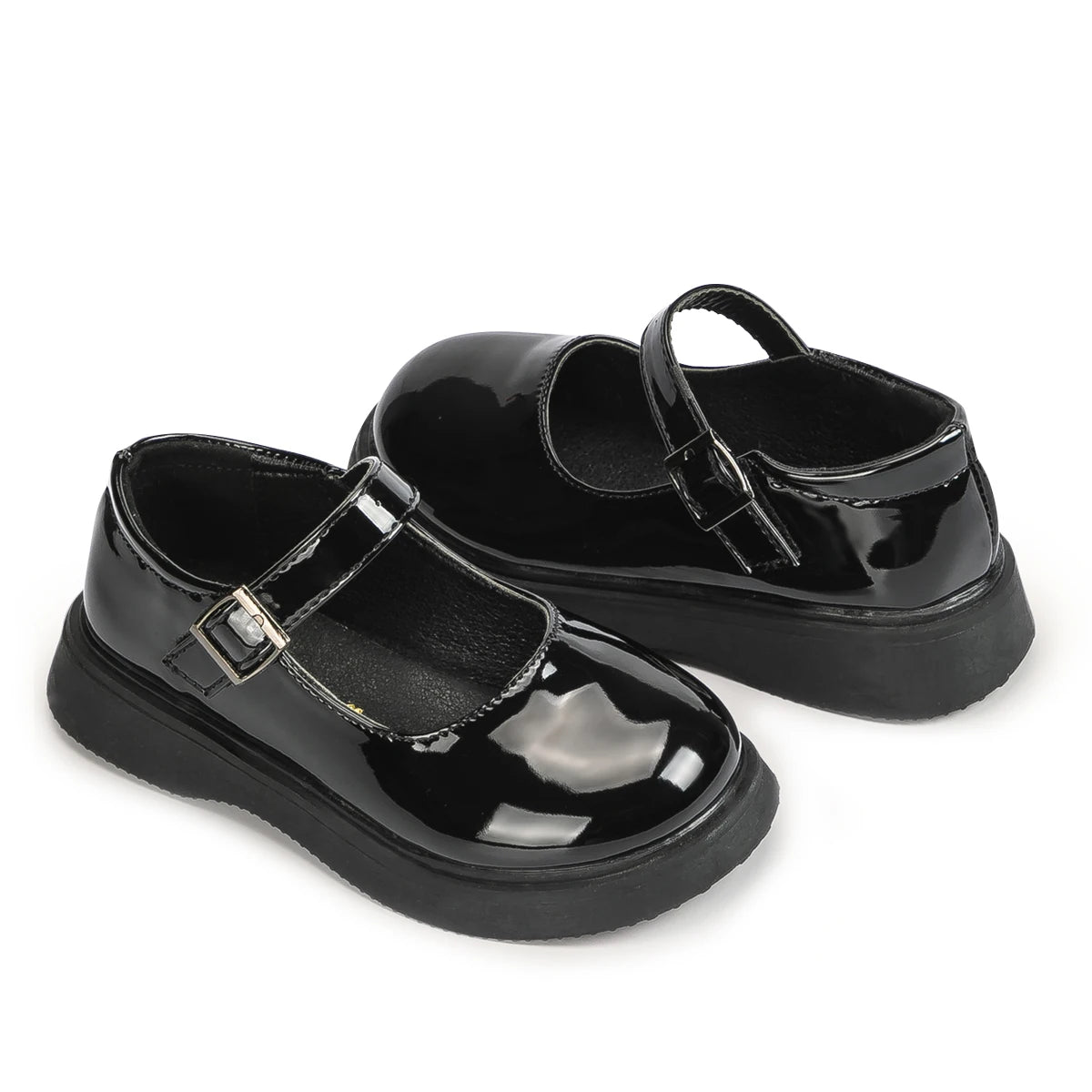 Girls' Black School Shoes – Shiny Leather Flats with Buckle Strap