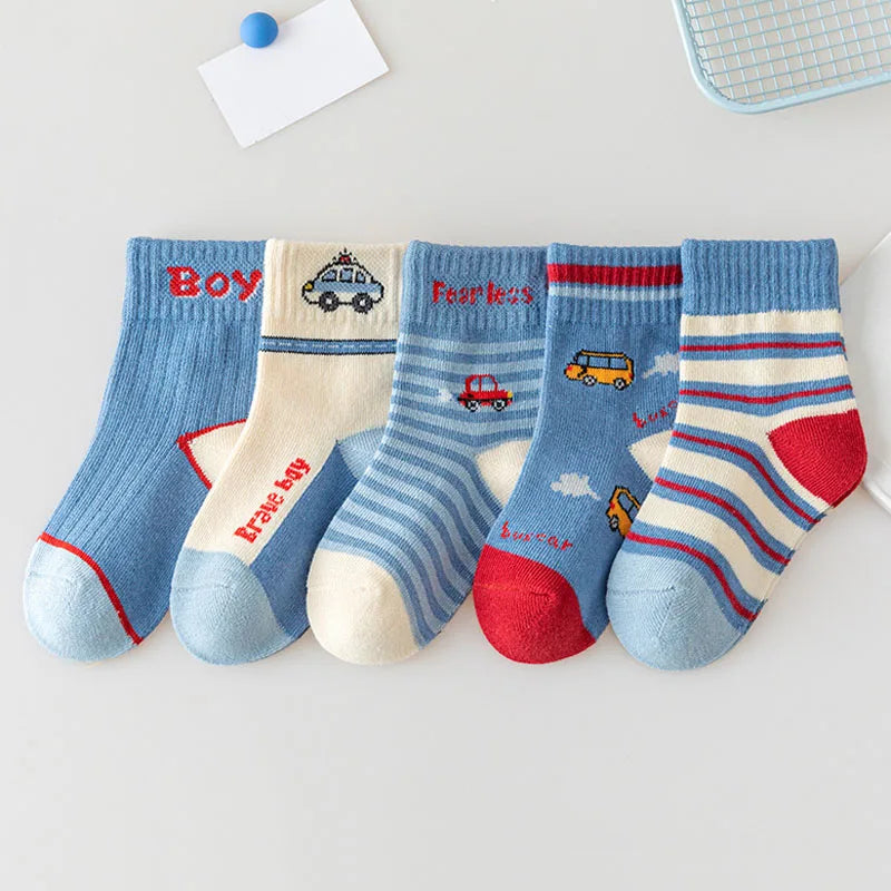 Kids Cartoon Car & Bus Socks – 5 Pack
