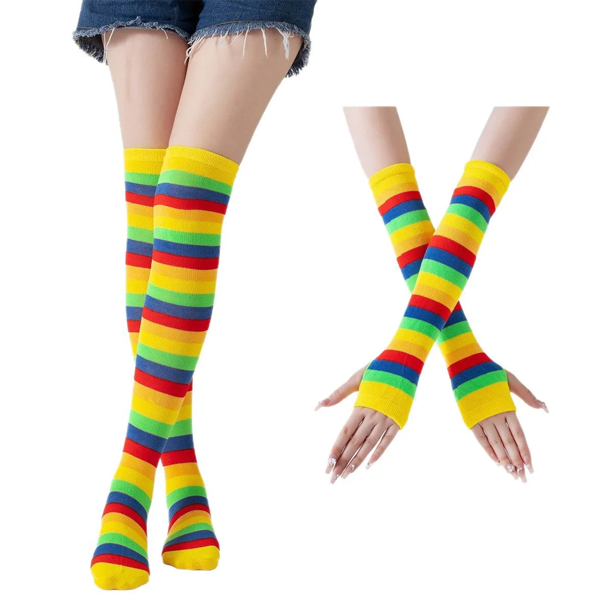 Rainbow Over-the-Knee Socks & Fingerless Gloves Set