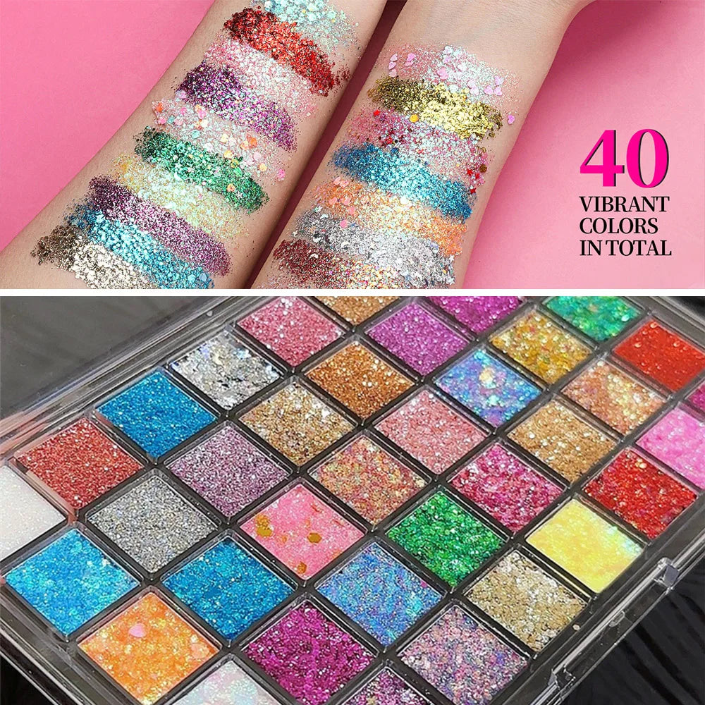 40-Color Glitter Makeup Palette | Face, Eyes, Hair & Body Glitter Gel