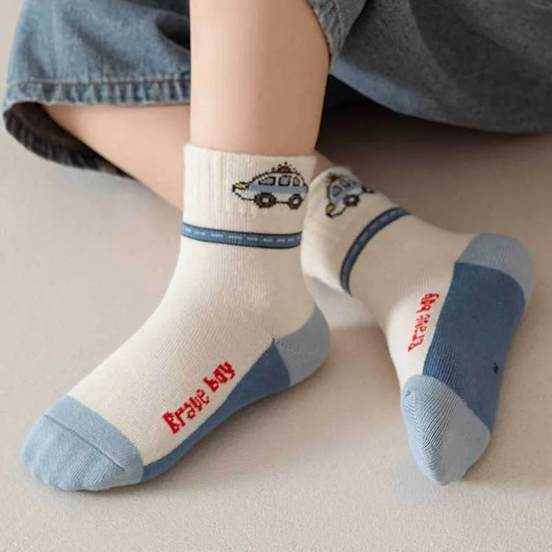 Kids Cartoon Car & Bus Socks – 5 Pack