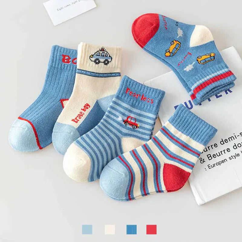 Kids Cartoon Car & Bus Socks – 5 Pack