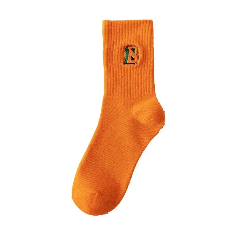 Orange Embroidered Letter Cotton Crew Socks